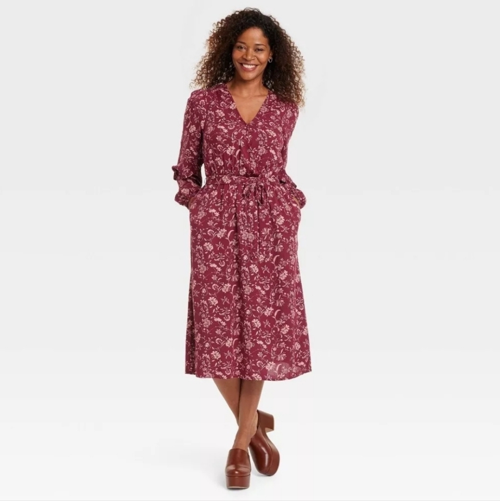 Knox Rose Burgundy Floral Midi Dress Boho Long Sleeve Surplice Neckline Size S